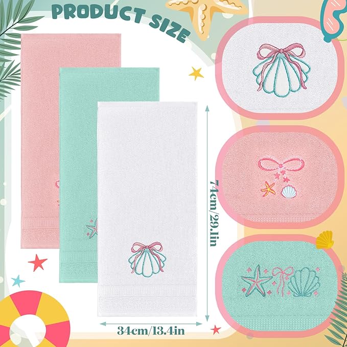 3 Pack Seashell Bow Coastal Hand Towels for Bathroom 100% Cotton Embroidered Beach Bathroom Towels 13.78 x 29.53 Inch Soft Absorbent, Green Pink White