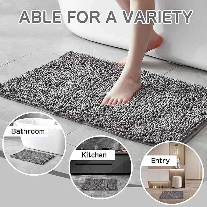 Gray Chenille Bathroom Rugs Set 2 Piece - Non Slip Absorbent Bath Mat for Shower, Quick Dry Machine Washable Floor Mats, Soft Plush, 17"x24"+20"x32" Inch