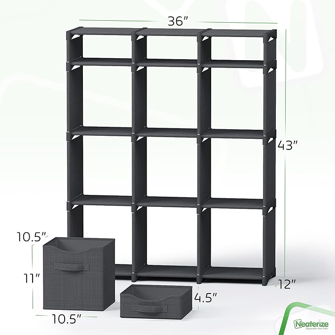 12 Cube Storage Organizer With Bins Included - Closet Storage With 12 Storage Bins - Easy To Assemble Storage Unit With Drawers - Closet Organization For Clothes, Bedroom, Nursery, & Toys (Dark Grey)