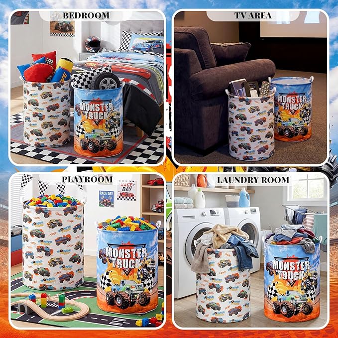 2 Pcs Monster Truck Laundry Hamper Basket Monster Truck Room Decor 19.7x14.6 Inch Round Collapsible Toy Storage Organizer Clothes Basket with Waterproof Layer for Closet Bedroom Playroom