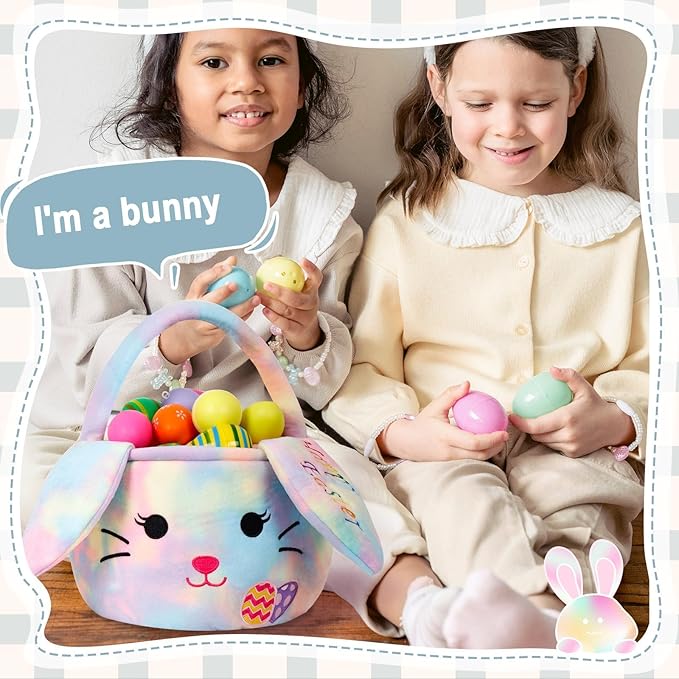 Easter Baskets for Kids,Plush Egg Hunting Easter Buckets with Handle Folded Ears, Gifts Boys Girls