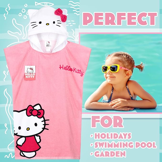 Hello Kitty Beach Towel with Hood for Girls Cinnamoroll Kuromi Kids Poncho Bath Towels Kawaii Beach Accessories Travel Essentials Girls Gifts (Pink Poncho Hello Kitty, 10-14 Years)