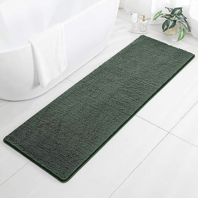 Hunter Green Bathroom Rugs 24"x72" - Long Plush Chenille Non-Slip Runner Bath Mat - Absorbent, Washable, Soft Decor for Shower, Sink, Tub, Kitchen, Floor, Home Accessories