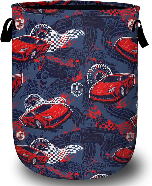 Red Racing Car Laundry Basket with Sturdy Handles, Speed Race Car Collapsible Oxford Cloth Laundry Hamper Organizer Basket for Bathroom Bedroom 15.7x20 Inch