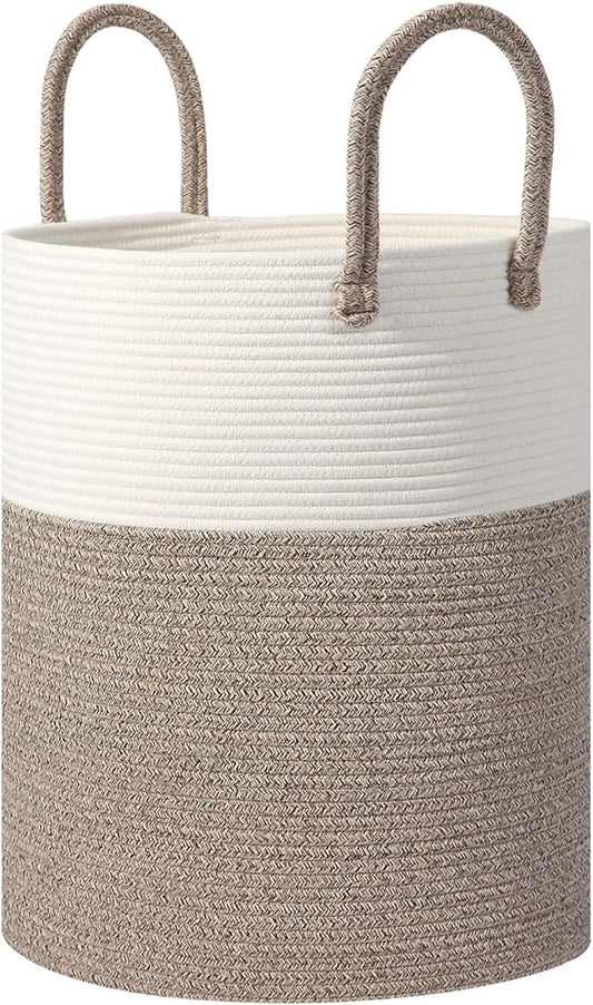 Large Woven Laundry Basket Hamper, 60L Cotton Rope Storage Basket for Blankets in Living Room, Decorative Tall Nursery Hamper for Clothes and Toys, White and Brown