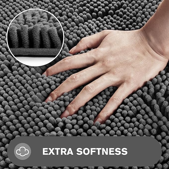 Gray Bathroom Rugs – Absorbent and Washable Bath Mat, Non-Slip, Thick Soft Chenille Bath Rugs for Bathroom Floor, Shower, Sink - 26" x 44"