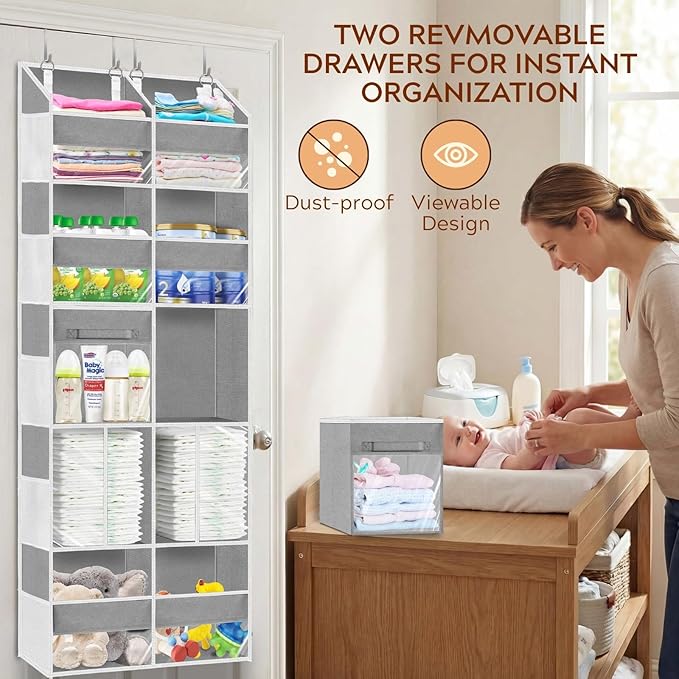 Over the Door Organizer 5 Tiers with Removable Drawers, Extra Large Door Storage of 6 Compartments & 2 Diaper Storage, Double-Column Clear Window Door Hanging Organizer for Nursery,Closet,Pantry(Gray)