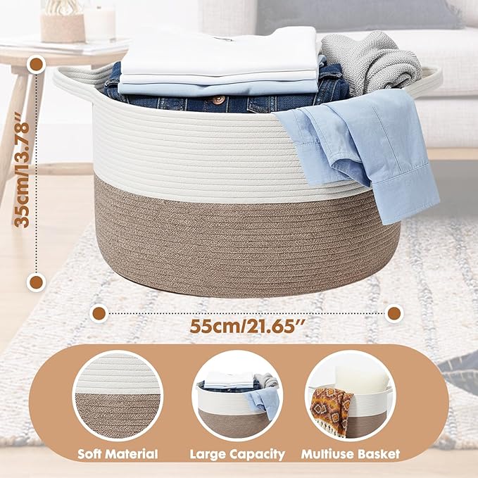 ShellKingdom Laundry Basket, Large Natural Rope Woven Storage Basket with Handles for Home, Living Room, Laundry, Storage Organizer for Blankets, Clothes, Plant, Toys, 13.78 x 21.65 INCH (White Brown)