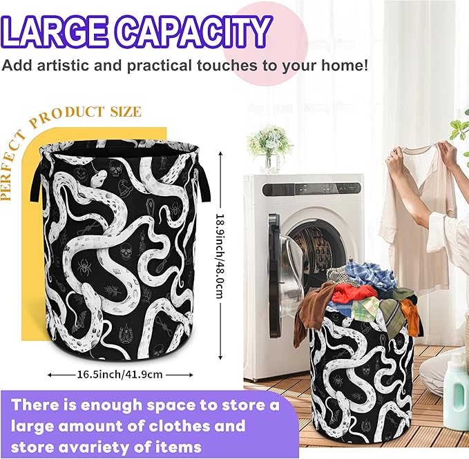 Snake Crawling Laundry Basket Black White Snakes Oxford Cloth Laundry Hamper Funny With Handle Foldable Portable Clothes Storage Basket 18.9 X 16.5 Inch Storage Bag For Laundry Room/Bathroom/Bedroom