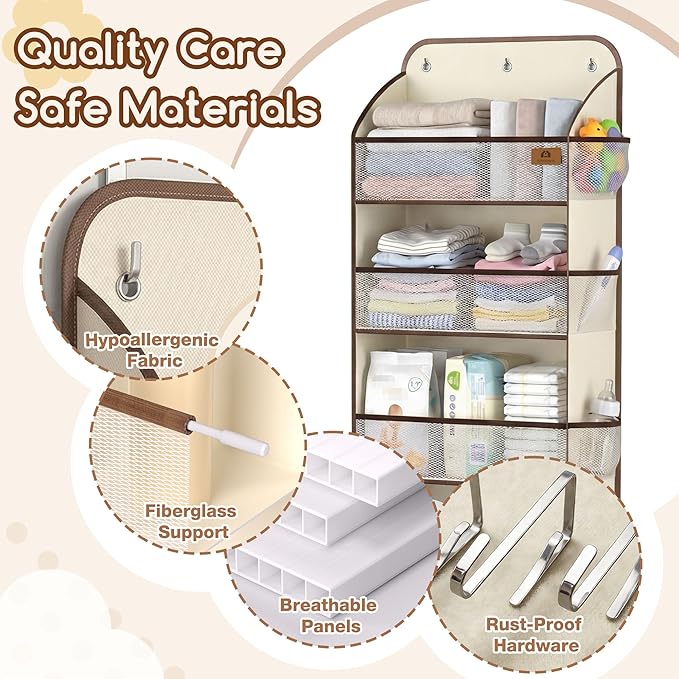Over The Door Organizer with Large Capacity Diaper Storage & Mesh Window,for Baby Essentials & Nursery, 55lbs Hanging Storage for Closet, Bathroom, Bedroom, Dorm -12 Pockets