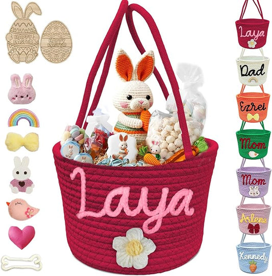 Personalized Easter Basket for Boys Girls Custom Name Baskets with Handle Woven Rope Rabbit Eggs Bucket Gifts