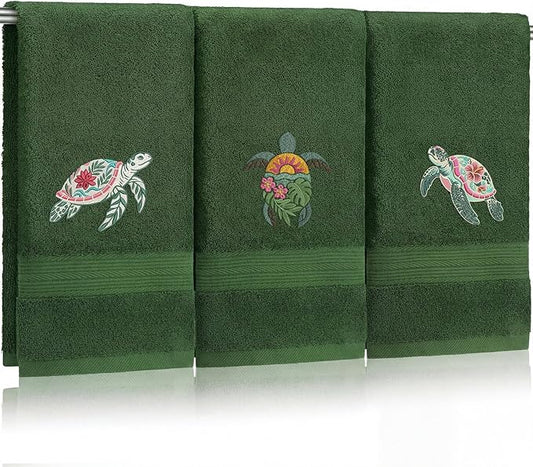 3 Pack Hibiscus Sea Turtle Beach Hand Towels for Bathroom 100% Cotton Embroidered Coastal Bathroom Towels 13.78 x 29.53'' Soft Absorbent Ocean Bath Towel Gift for Holiday Summer, Olive Green