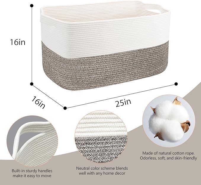 XXXXL Rope Basket for Blankets, 25" x 16" x 16"(108L) Rectangle Blanket Basket Living Room, Extra Large Wicker Woven Blanket Pillow Storage Basket, Kids Dog Toy Basket Storage Bins Organizer