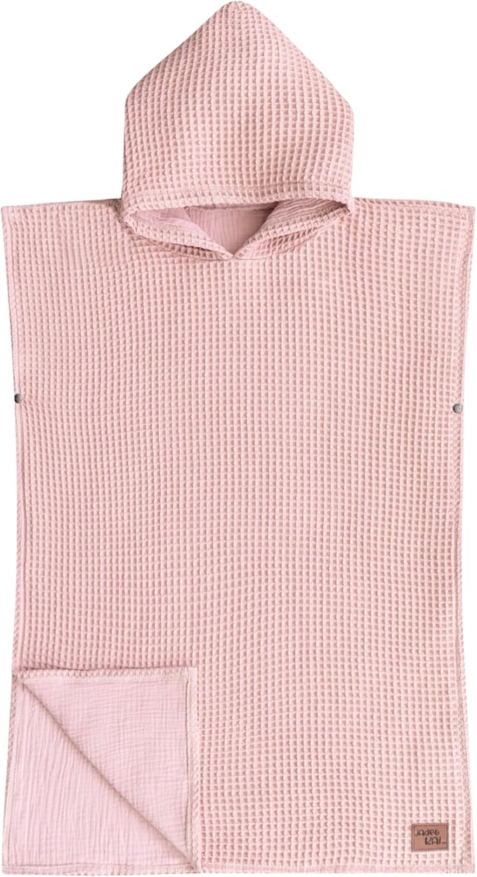 Jade&Kai Hooded Towel for Kids | Snaps into a Poncho | Organic Cotton Waffle | Lightweight and Absorbent | Bath, Beach, and Pool | Multiple Colors | (Medium (3-6 Yrs), Cherry Blossom)