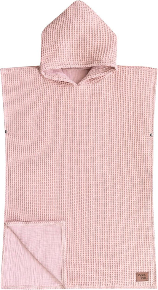 Jade&Kai Hooded Towel for Kids | Snaps into a Poncho | Organic Cotton Waffle | Lightweight and Absorbent | Bath, Beach, and Pool | Multiple Colors | (Medium (3-6 Yrs), Cherry Blossom)
