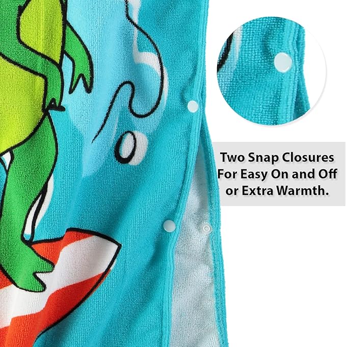 Boys and Girls Absorbent Hooded Beach Towel Pullover Character Microfiber Bath Towel with Side Snaps (Dino, 4-5)