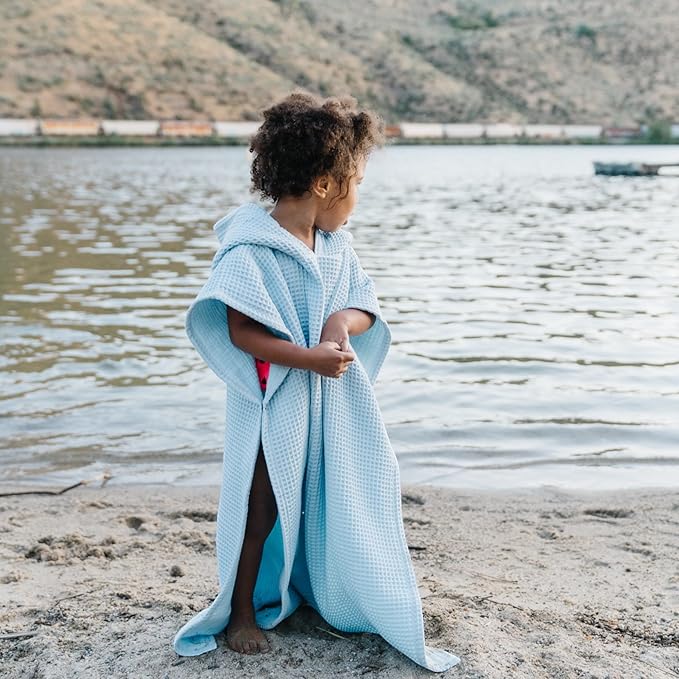 Jade&Kai Hooded Towel for Kids | Snaps into a Poncho | Organic Cotton Waffle | Lightweight and Absorbent | Bath, Beach, and Pool | Multiple Colors | (Medium (3-6 Yrs), Lagoon)