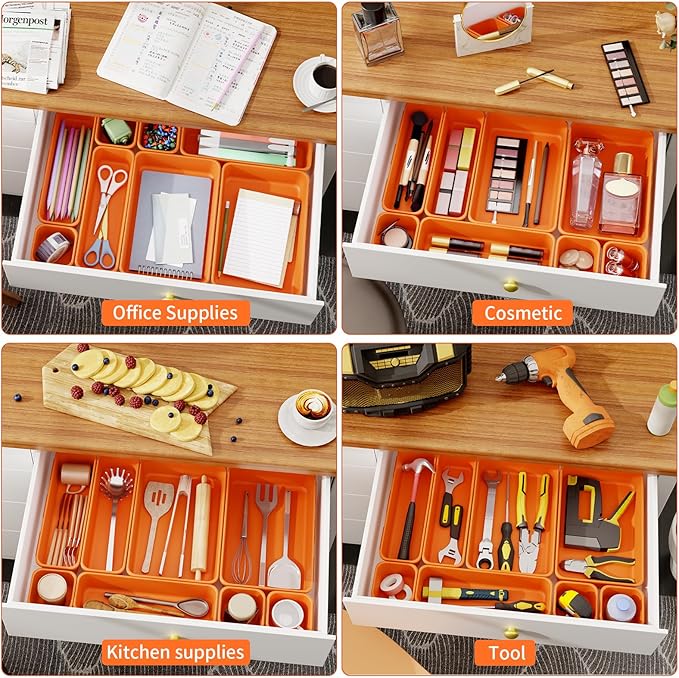 45 Pack Desk Drawer Organizer Tray, 3 Sizes Plastic Drawers Organizer Storage for Kitchen, Bathroom, Office, Vanity, Makeup, Utensils, Junk Drawer Organizer Bins, Gadget Trays for Organizing, Orange