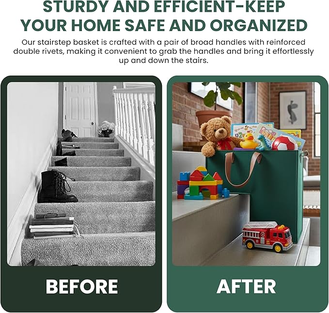 Stair Basket for Wooden and Carpeted Stairs with Durable Internal Support Frame - Foldable Stair Basket with Leather Handles, Versatile Laundry Organizer for Stairs (16”L x 10”W x 16”H)