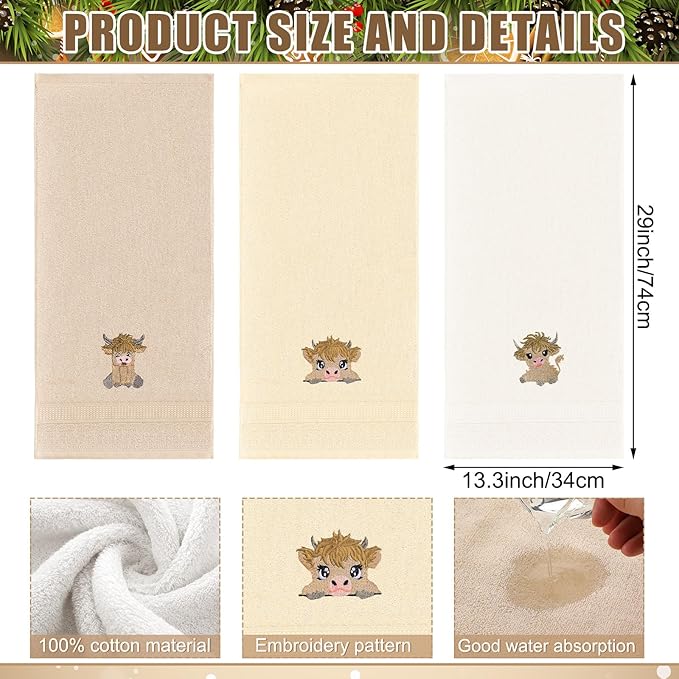 3 Pcs Mini Baby Highland Cow Hand Towels for Bathroom Kitchen Decor, Beige Embroidered Cow Soft Absorbent Decorative Towels Set Christmas Home Decor Gift, 100% Cotton, 13.3 x 29.5''