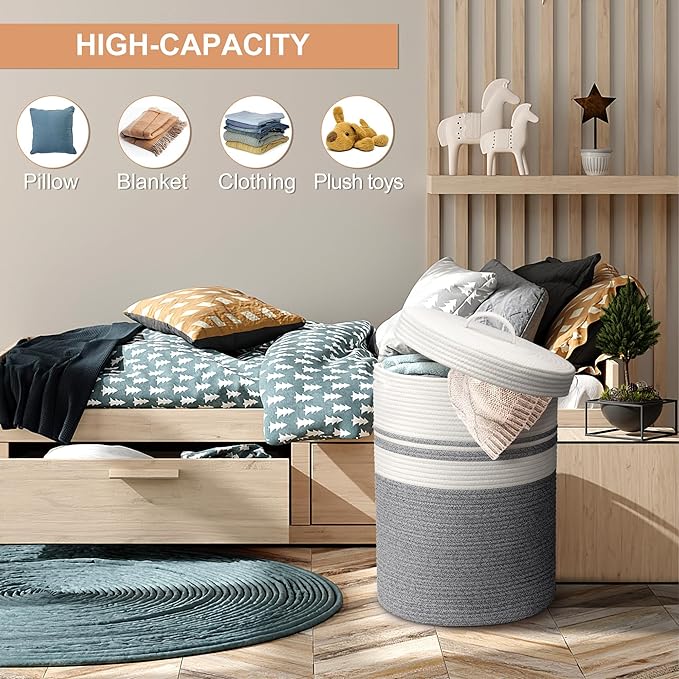 Woven Laundry Basket with Handles, XXL Versatile Clothes Hamper, Blanket and Large Toy Storage Basket for Living Room, Bedroom, Bathroom (Grey, 55L)