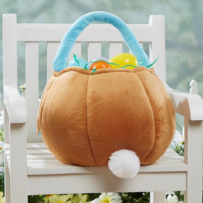 Personalization Universe Embroidered Blue Accented Easter Bunny Basket, Soft Plush Easter Egg Hunt Bag, Children's Holiday Basket