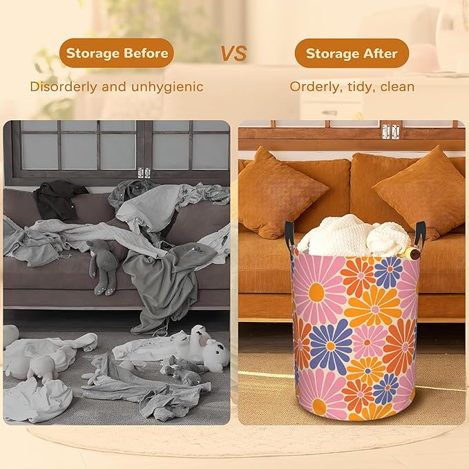 Groovy Daisy Flowers Collapsible Laundry Basket,70s Hippie Retro Bedroom Waterproof Laundry Hamper,Bathroom Large Storage Bag,College Dormitory Living Room Nursery Organizer Toy Bin 16" x 20"