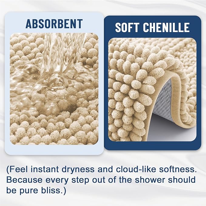 Grandaily Chenille Striped Bathroom Rugs 47x17, Extra Thick and Soft Absorbent Bath Mats, Rubber Backing, Plush Shaggy Shower Carpet, Machine Wash Dry, Bath Rug for Bathroom, Light Beige