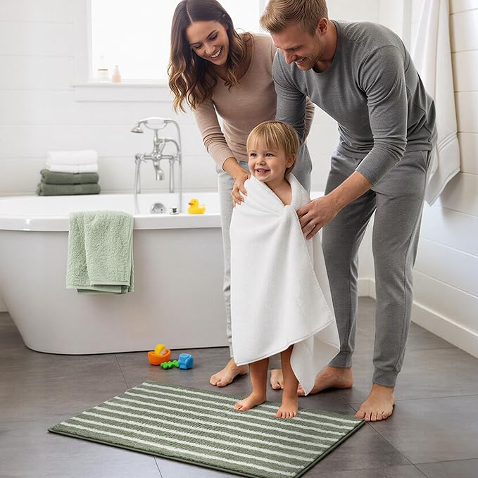 GRANNY SAYS Striped Bathroom Rugs Non Slip, 16" x 24", Bath Rugs for Bathroom Washable, Bath Mats for Floor, Microfiber Bath Mat for Tub, Absorbent Bath Rugs for Shower Room, Sage Green
