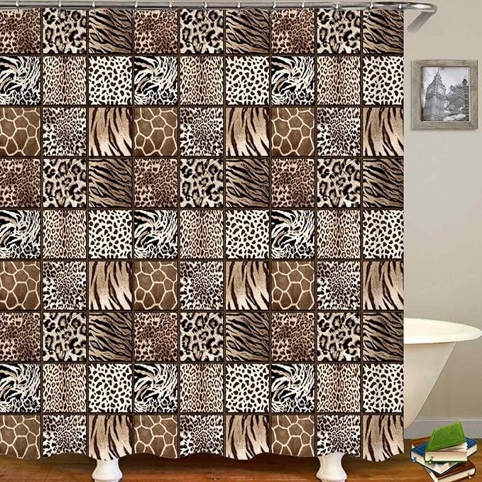 4PCS Black Brown Leopard Shower Curtain Sets with Rugs, Waterproof Fabric Shower Curtain, Patchwork Plaid Cheetah Giraffe Zebra Print Safari Wildlife African Animal Skin Modern Bathroom Decor