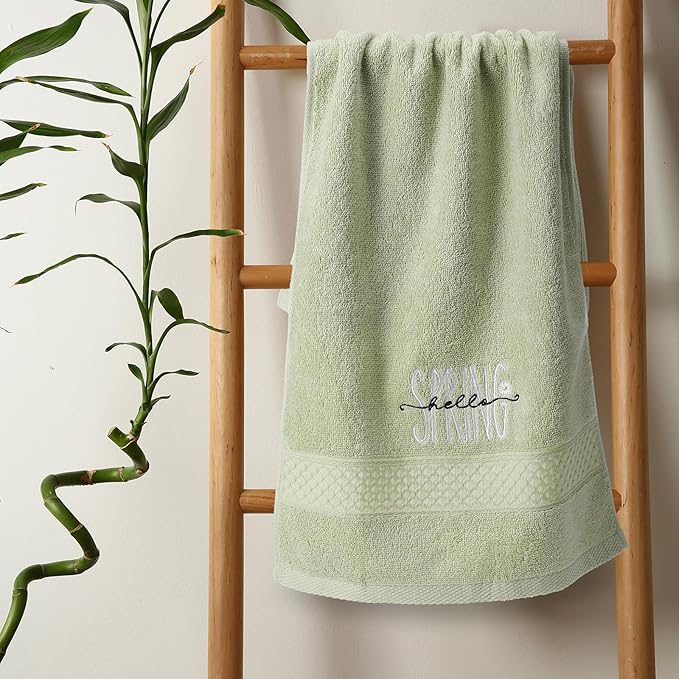 2 Pcs Hello Spring Hand Towels Gray Green Bathroom Decor 14x29 Inch 100% Cotton Soft Absorbent Bless This Home Embroidered Decorative Hand Towels for Bathroom Kitchen Housewarming Gifts