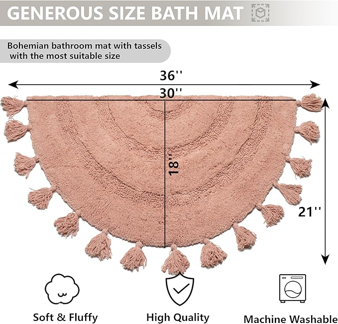 Half Circle Boho Rug with Tassels for Bedroom Extra Soft Cotton Blush Pink Bath Rugs Beautiful Handcrafted Crochet Boho Bathroom Rugs Non-Slip Absorbent Washable Cute Bath Mat for Bathroom Home Decor