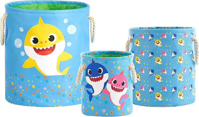 Baby Shark 3 Piece Multi Size Fabric Nestable Toy Storage Basket Set, with Rope Carry Handles