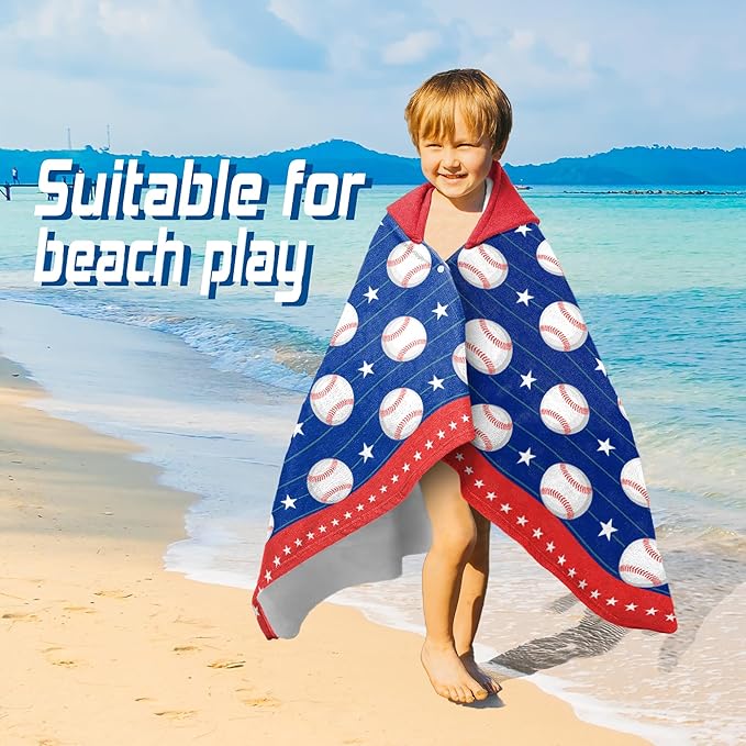 Hooded Towels for Kids -Toddler Beach Towel- Super Absorbent & Quick Dry 100% Cotton 30x50 Inch - to Kid Ages 3-10-Baseball Pattern Design