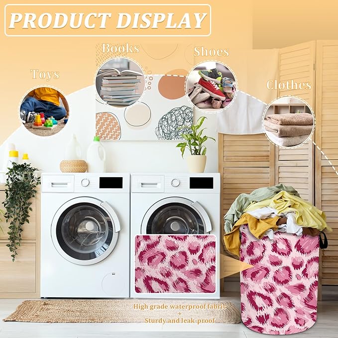 Pink Leopard Print Laundry Basket, Animal Skin Laundry Hamper Foldable Waterproof Oxford Cloth Funny Tote Bag Dirty Clothes Storage Bucket Toy Organizer for Bathroom/Laundry/Bedroom 15.7"x19.6"