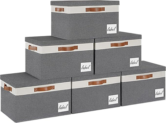 GhvyenntteS 6 Pack Fabric Storage Bins with Lid, Large Closet Storage Bins with Lid and 3 PU Handles, Foldable Fabric Storage Boxes with Label Window for Home Bedroom Office (Grey, Large)