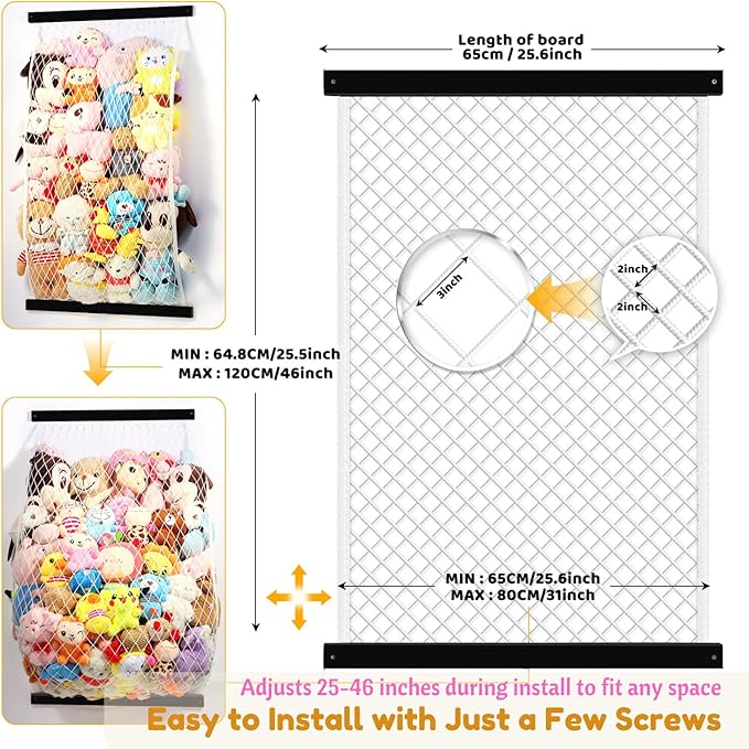 Stuffed Animal Storage Net, Elastic Stuffed Toy Holder,Door/Wall Mount Length Adjustable Hanging Soft Toy Organizer, Plushie Net for Nursery Play Room-Black Boards
