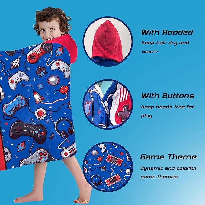Hooded Towels for Kids -Toddler Beach Towel- Super Absorbent & Quick Dry 100% Cotton 30x50 Inch - to Kid Ages 3-10-Video Game/Gaming Pattern Design