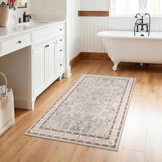 GRANNY SAYS Boho Bathroom Rugs 26"x 18" Non-Slip, Quick Dry & Washable, Vintage Bath Rug, Distressed Farmhouse Plush Velvet Bath Mat, Absorbent for Shower Toilet Sink, Pet Friendly - Flower Beige