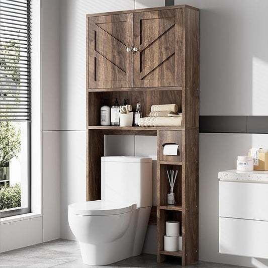 Meilocar Over Toilet Storage Cabinet with Toilet Paper Holder Stand, Freestanding Bathroom Storage Cabinet, Rustic Farmhouse Bathroom Organizer with Adjustable Shelf & Anti-Tipping, Walnut