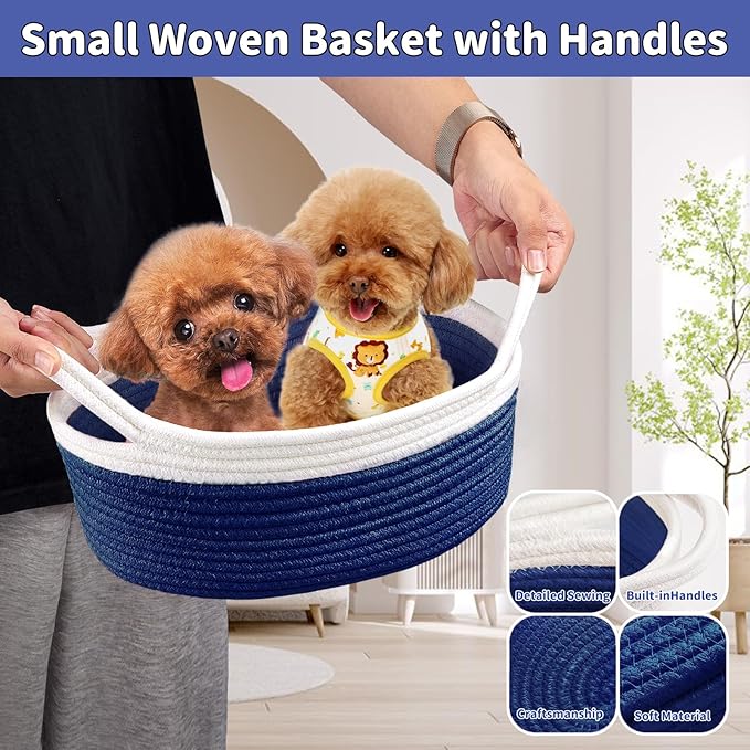 Small Woven Basket with Gift Bags and Ribbons Cute Baskets for Gifts Empty 12"x8"x5" Small Rope Toy Basket for Babies Baskets for Storage, White & Navy Blue