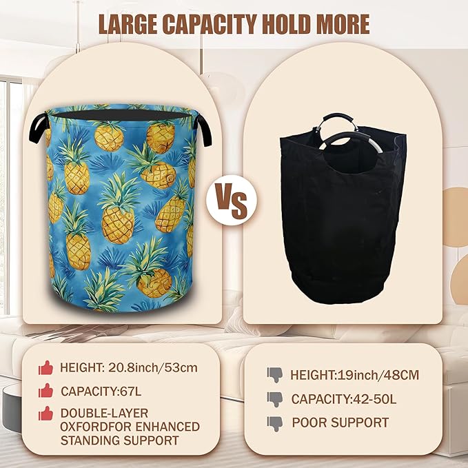 Tropical Hawaii Pineapple Laundry Basket, Laundry Hamper Waterproof Oxford Cloth Tote Collapsible,Clothes Storage Bucket Decorative Toy Organizer For Bathroom Bedroom 16" x 20.8"