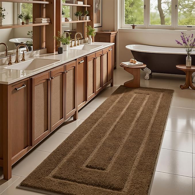HOMORE Bathroom Runner Rugs 24x70 Non Slip Washable Long Bath Rug, Light Brown Rugs for Bathroom Absorbent Bath Rug Runner with TPR Backing, Soft and Thick Bath Mat for Shower Floor