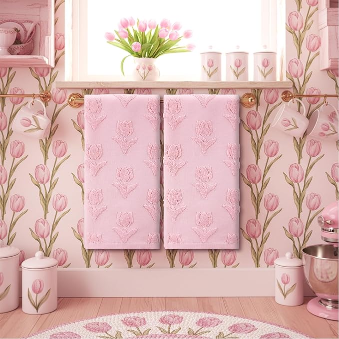 2 Pcs Tulip Hand Towels for Bathroom Pink Tulip 100% Cotton Jacquard Weave Bath Towel Set Soft Absorbent Kitchen Towels for Bathroom Kitchen Summer Theme Gifts 13.8 x 29.5