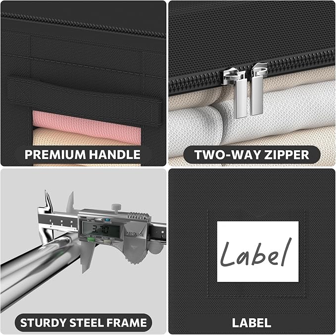 CYhom 3Pack Frame Storage Box - Clothes Storage Bin Bags Oxford Fabric Foldable Stackable Container Organizer Set with Clear Window & Carry Handles (Black, Large-66L)