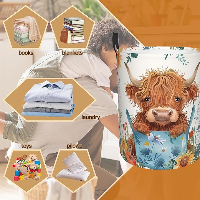 Highland Cow Large Storage Basket,Colorful Flowers Laundry Hamper/Bathroom/Home Decor/Collapsible Round Storage Bin,Boys Girls Dirty Clothes Hamper/Boxes/Toys Storage 16x20 Inch