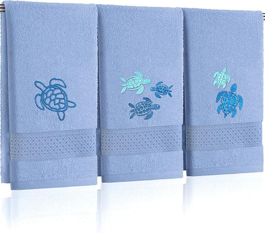 3 Pack Sea Turtle Coastal Hand Towels for Bathroom 100% Cotton Embroidered Beach Bathroom Towels 13.78 x 29.53 Inch Soft Absorbent Ocean Turtle Bath Towel Gift for Holiday Summer, Blue