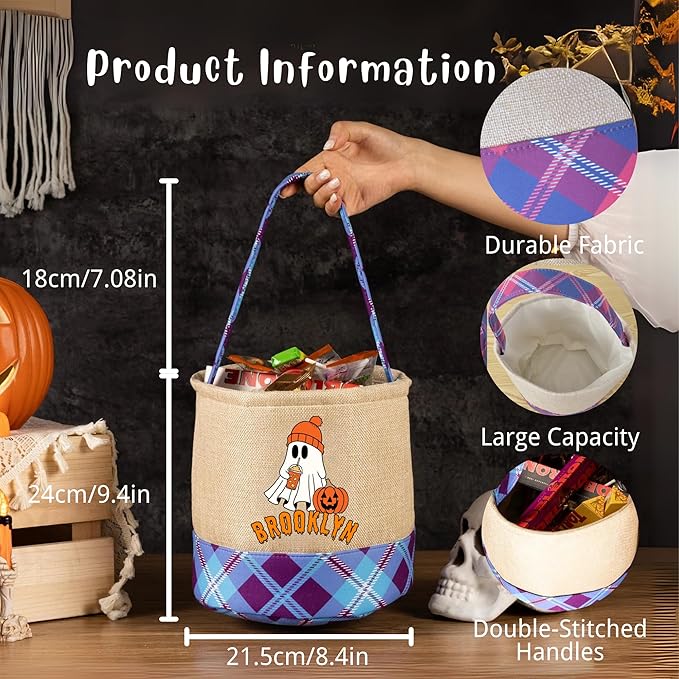 Kids Personalized Halloween Basket, Custom Name Trick or Treat Bag, Plaid Halloween Tote Bag, Pumpkin Candy Bucket for Toddlers, Boo Basket Gifts,Costume Accessory