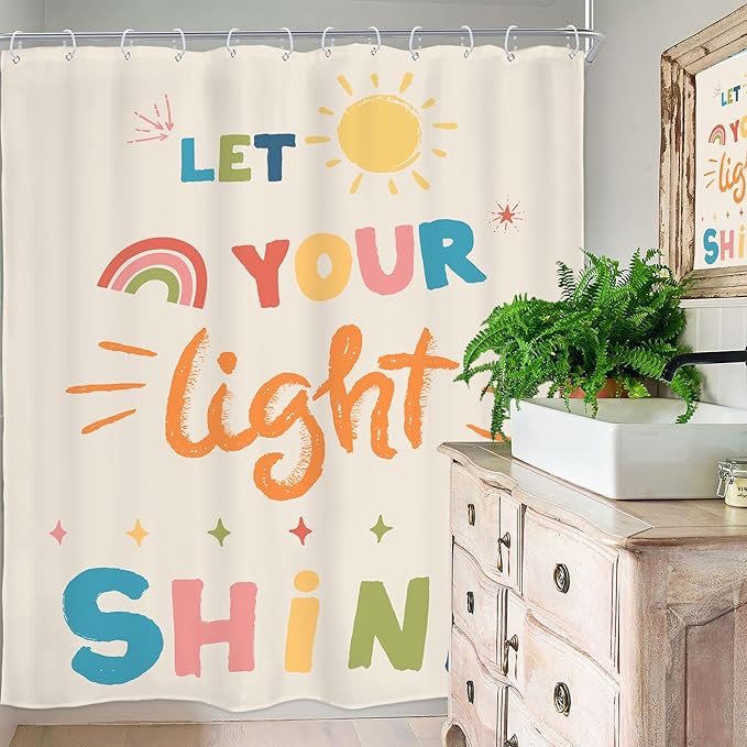 Homewelle Extra Long Kids Quotes Shower Curtain Inspirational Cartoon Colorful Let You Light Shine 72Wx78H Inch English Letter Sun Simple for Child Waterproof Polyester Fabric Bathroom Bathtub