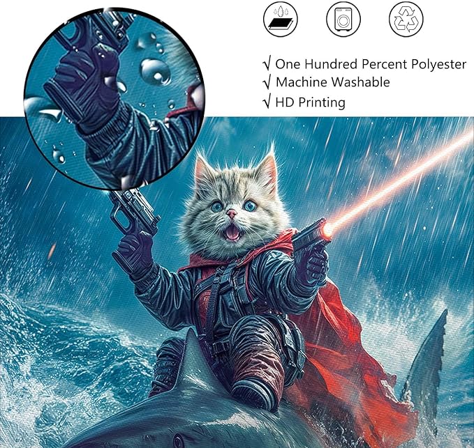 70x75 Inch Funny Cat Riding Shark Waterproof Shower Curtain - Blue Ocean Bathroom Decor with Hooks, Humor Polyester Bathtub Curtain for Kids Teens Adults